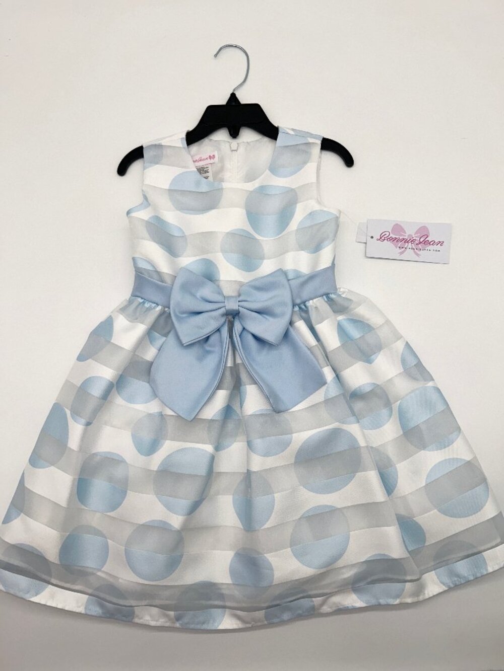 NWT Bonnie Jean Girls Sleeveless Blue Formal Dress with stripes and polka dots